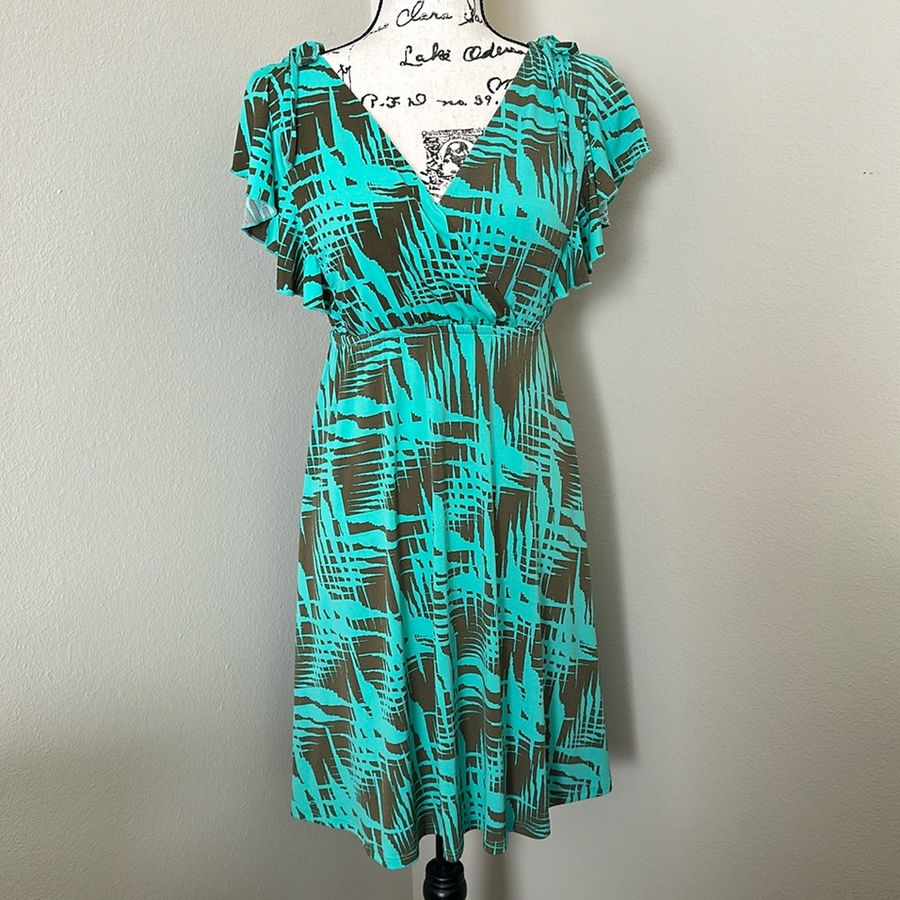 Turquoise Brown Geometric Jersey Dress V-Neck Knee Length